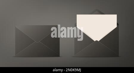 Vector Realistic Black Closed, Opened Envelopes with Letter Inside. Folded and Unfolded Black Envelope Icon, Mockup Set Closeup Isolated. Message Stock Vector