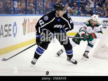 Tampa Bay Lightning center Jonathan Marchessault (42) before an NHL hockey  game against the New York Islanders Saturday, Nov. 28, 2015, in Tampa, Fla.  (AP Photo/Chris O'Meara Stock Photo - Alamy