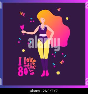 Beautiful funky girl with cocktail drink. Party colorful poster lifestyle Stock Vector