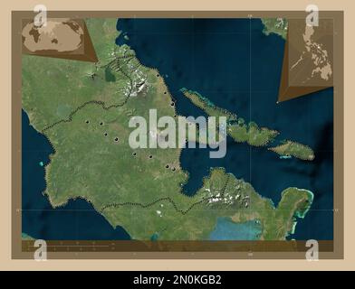 Albay, province of Philippines. Low resolution satellite map. Locations of major cities of the region. Corner auxiliary location maps Stock Photo