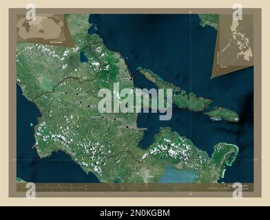 Albay, province of Philippines. High resolution satellite map. Locations and names of major cities of the region. Corner auxiliary location maps Stock Photo