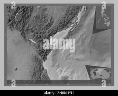 Aurora, province of Philippines. Grayscale elevation map with lakes and rivers. Locations of major cities of the region. Corner auxiliary location map Stock Photo