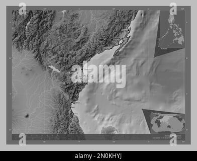 Aurora, province of Philippines. Grayscale elevation map with lakes and rivers. Locations and names of major cities of the region. Corner auxiliary lo Stock Photo