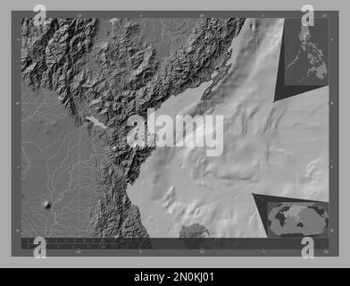 Aurora, province of Philippines. Bilevel elevation map with lakes and rivers. Locations of major cities of the region. Corner auxiliary location maps Stock Photo