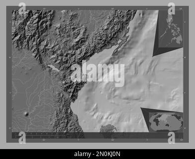 Aurora, province of Philippines. Bilevel elevation map with lakes and rivers. Corner auxiliary location maps Stock Photo