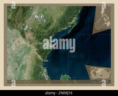 Aurora, province of Philippines. High resolution satellite map. Locations and names of major cities of the region. Corner auxiliary location maps Stock Photo