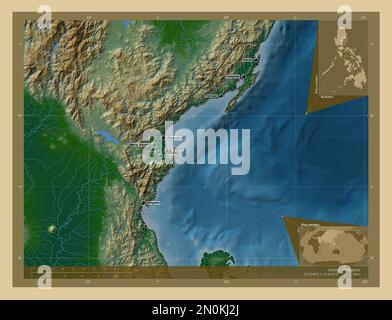 Aurora, province of Philippines. Colored elevation map with lakes and rivers. Locations and names of major cities of the region. Corner auxiliary loca Stock Photo