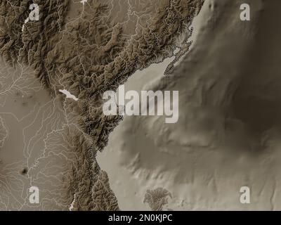 Aurora, province of Philippines. Elevation map colored in sepia tones with lakes and rivers Stock Photo