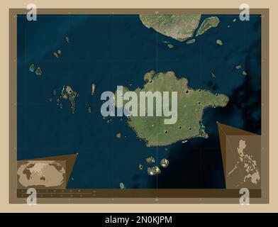 Basilan, province of Philippines. Low resolution satellite map. Locations of major cities of the region. Corner auxiliary location maps Stock Photo