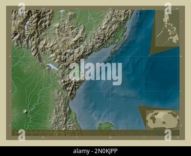 Aurora, province of Philippines. Elevation map colored in wiki style with lakes and rivers. Corner auxiliary location maps Stock Photo