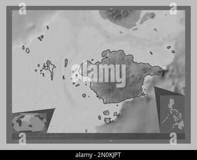 Basilan, province of Philippines. Grayscale elevation map with lakes and rivers. Corner auxiliary location maps Stock Photo
