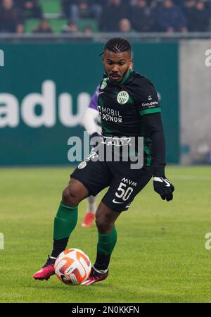 BUDAPEST, HUNGARY - MARCH 6: Lazar Cirkovic of Kisvarda Master Good  challenges Jose Marcos Marquinhos of Ferencvarosi TC during the Hungarian  OTP Bank Liga match between Ferencvarosi TC and Kisvarda Master Good at  Groupama Arena on