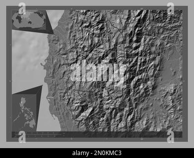 Benguet, province of Philippines. Bilevel elevation map with lakes and rivers. Corner auxiliary location maps Stock Photo