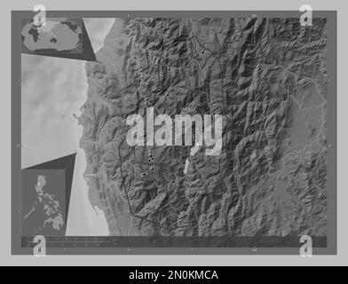 Benguet, province of Philippines. Grayscale elevation map with lakes and rivers. Locations of major cities of the region. Corner auxiliary location ma Stock Photo