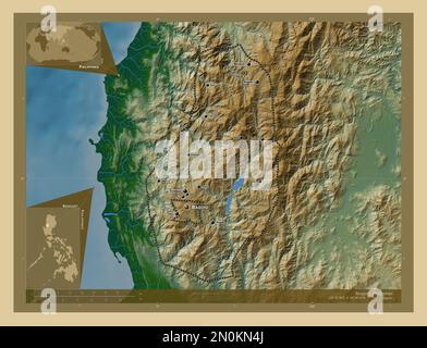 Benguet, province of Philippines. Colored elevation map with lakes and rivers. Locations and names of major cities of the region. Corner auxiliary loc Stock Photo