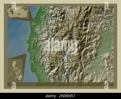 Benguet, province of Philippines. Elevation map colored in wiki style with lakes and rivers. Corner auxiliary location maps Stock Photo