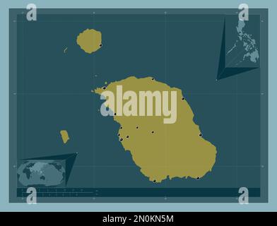 Biliran, province of Philippines. Solid color shape. Locations of major cities of the region. Corner auxiliary location maps Stock Photo