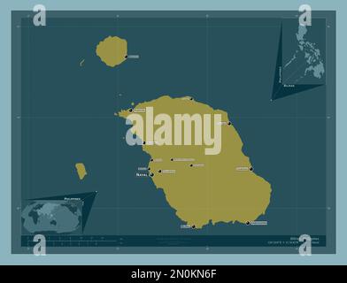 Biliran, province of Philippines. Solid color shape. Locations and names of major cities of the region. Corner auxiliary location maps Stock Photo