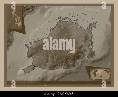 Bohol, province of Philippines. Elevation map colored in sepia tones with lakes and rivers. Locations of major cities of the region. Corner auxiliary Stock Photo