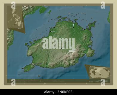 Bohol, province of Philippines. Elevation map colored in wiki style with lakes and rivers. Locations and names of major cities of the region. Corner a Stock Photo