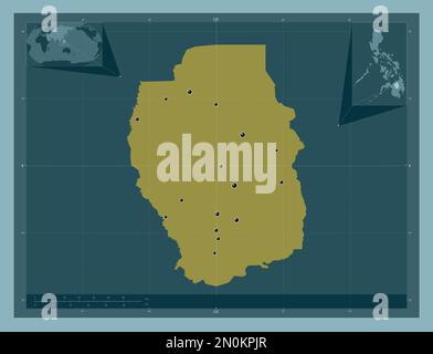 Bukidnon, province of Philippines. Solid color shape. Locations of major cities of the region. Corner auxiliary location maps Stock Photo
