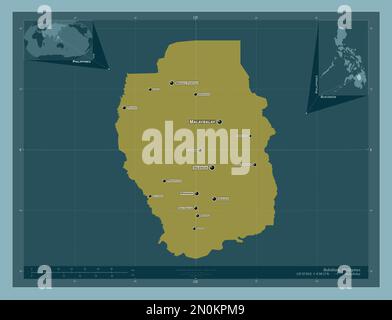 Bukidnon, province of Philippines. Solid color shape. Locations and names of major cities of the region. Corner auxiliary location maps Stock Photo