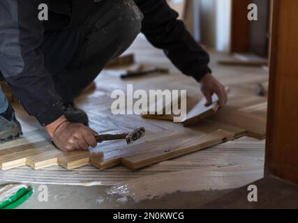 Experienced worker installing parquet boards in glue in new house Stock Photo