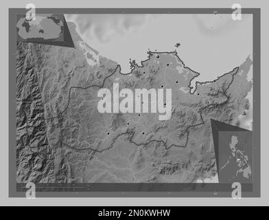 Capiz, province of Philippines. Grayscale elevation map with lakes and rivers. Locations of major cities of the region. Corner auxiliary location maps Stock Photo