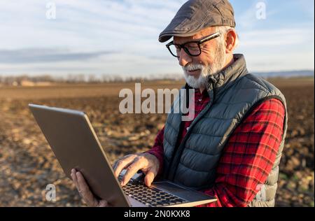 Excited senior farmer smiling and working on laptop in field in autumn time Stock Photo