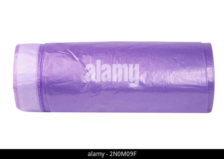Violet roll of plastic garbage bags isolated on white background Stock Photo