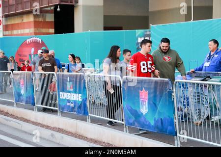 Public entrance to the Super Bowl experience at the Phoenix Convention  Center in downtown Phoenix Arizona USA on February 5, 2023. Presented by  LoweÕs, this NFL football theme park has interactive games