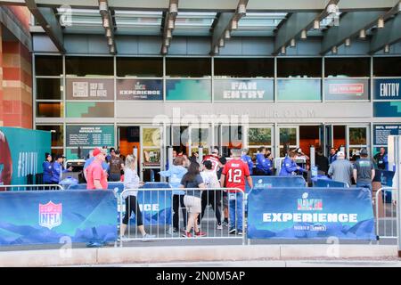 Public entrance to the Super Bowl experience at the Phoenix Convention  Center in downtown Phoenix Arizona USA on February 5, 2023. Presented by  LoweÕs, this NFL football theme park has interactive games