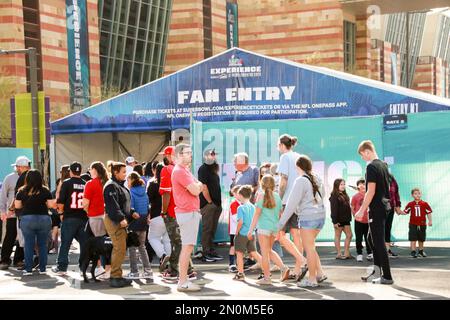 Public entrance to the Super Bowl experience at the Phoenix Convention  Center in downtown Phoenix Arizona USA on February 5, 2023. Presented by  LoweÕs, this NFL football theme park has interactive games