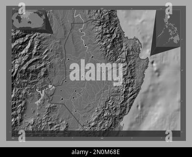 Isabela, province of Philippines. Bilevel elevation map with lakes and rivers. Locations of major cities of the region. Corner auxiliary location maps Stock Photo