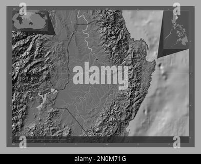 Isabela, province of Philippines. Bilevel elevation map with lakes and rivers. Corner auxiliary location maps Stock Photo