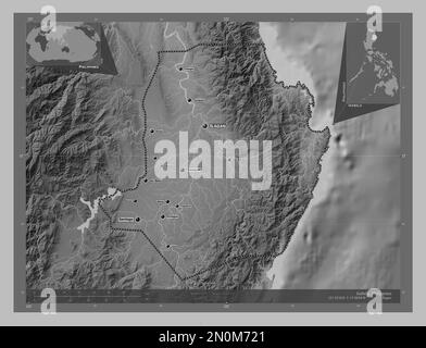 Isabela, province of Philippines. Grayscale elevation map with lakes and rivers. Locations and names of major cities of the region. Corner auxiliary l Stock Photo