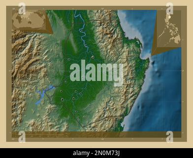 Isabela, province of Philippines. Colored elevation map with lakes and rivers. Locations of major cities of the region. Corner auxiliary location maps Stock Photo