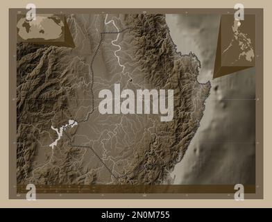 Isabela, province of Philippines. Elevation map colored in sepia tones with lakes and rivers. Corner auxiliary location maps Stock Photo