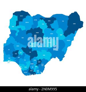 Nigeria political map of administrative divisions - states and federal capital territory. Flat blue vector map with name labels. Stock Vector