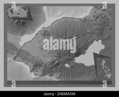 Lanao del Norte, province of Philippines. Grayscale elevation map with lakes and rivers. Corner auxiliary location maps Stock Photo