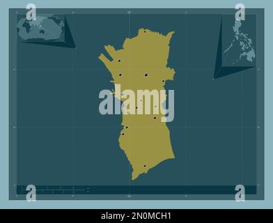 Metropolitan Manila, province of Philippines. Solid color shape. Locations of major cities of the region. Corner auxiliary location maps Stock Photo