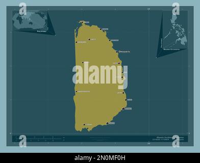 Misamis Occidental, province of Philippines. Solid color shape. Locations and names of major cities of the region. Corner auxiliary location maps Stock Photo