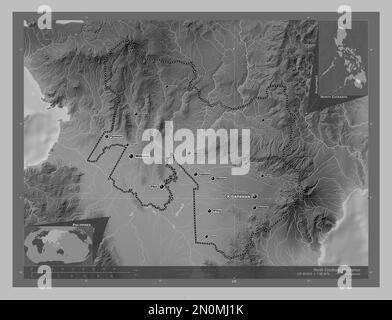 North Cotabato, province of Philippines. Grayscale elevation map with lakes and rivers. Locations and names of major cities of the region. Corner auxi Stock Photo
