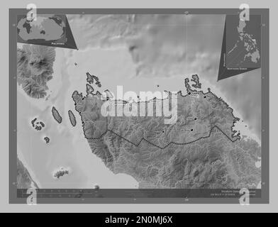 Northern Samar, province of Philippines. Grayscale elevation map with lakes and rivers. Locations and names of major cities of the region. Corner auxi Stock Photo