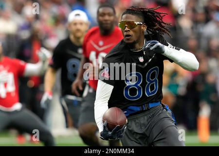 NFC wide receiver CeeDee Lamb (88) of the Dallas Cowboys runs the ball  during the flag football event at the Pro Bowl Games, Sunday, Feb. 5, 2023,  in Las Vegas. (Doug Benc/AP