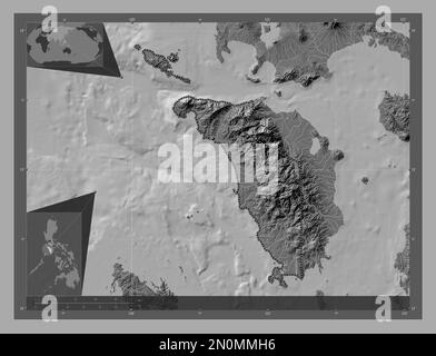 Occidental Mindoro, province of Philippines. Bilevel elevation map with lakes and rivers. Corner auxiliary location maps Stock Photo