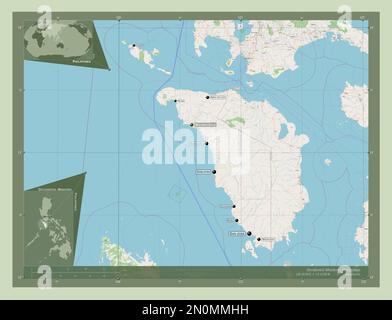 Occidental Mindoro, province of Philippines. Open Street Map. Locations and names of major cities of the region. Corner auxiliary location maps Stock Photo