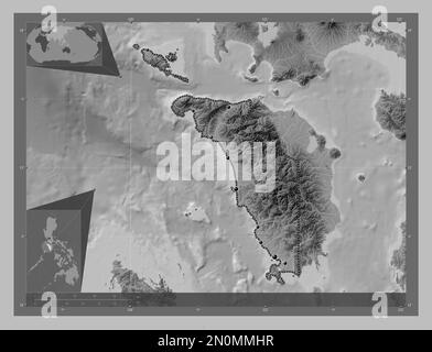 Occidental Mindoro, province of Philippines. Grayscale elevation map with lakes and rivers. Locations of major cities of the region. Corner auxiliary Stock Photo