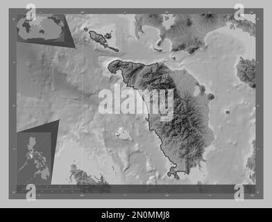 Occidental Mindoro, province of Philippines. Grayscale elevation map with lakes and rivers. Corner auxiliary location maps Stock Photo