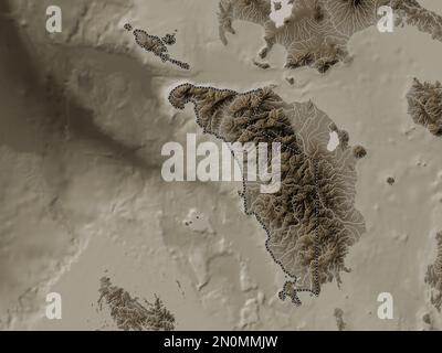 Occidental Mindoro, province of Philippines. Elevation map colored in sepia tones with lakes and rivers Stock Photo